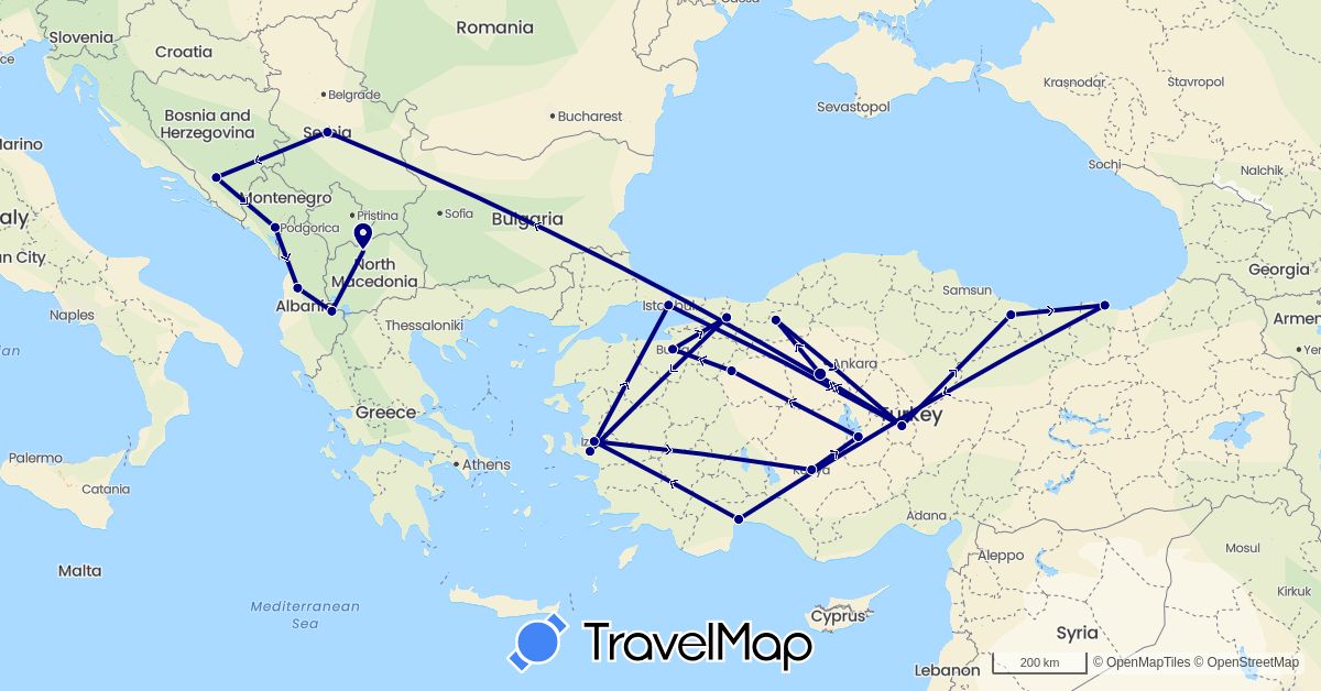 TravelMap itinerary: driving in Albania, Bosnia and Herzegovina, Montenegro, Macedonia, Serbia, Turkey (Asia, Europe)